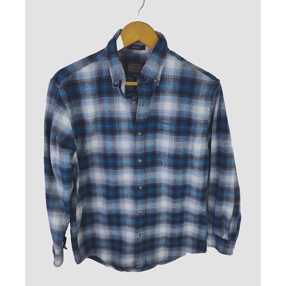 Pendleton "Mason Shirt Mens Sz M Medium Blue Wool Tartan Plaid Buttons 1- Pocket - Picture 1 of 8